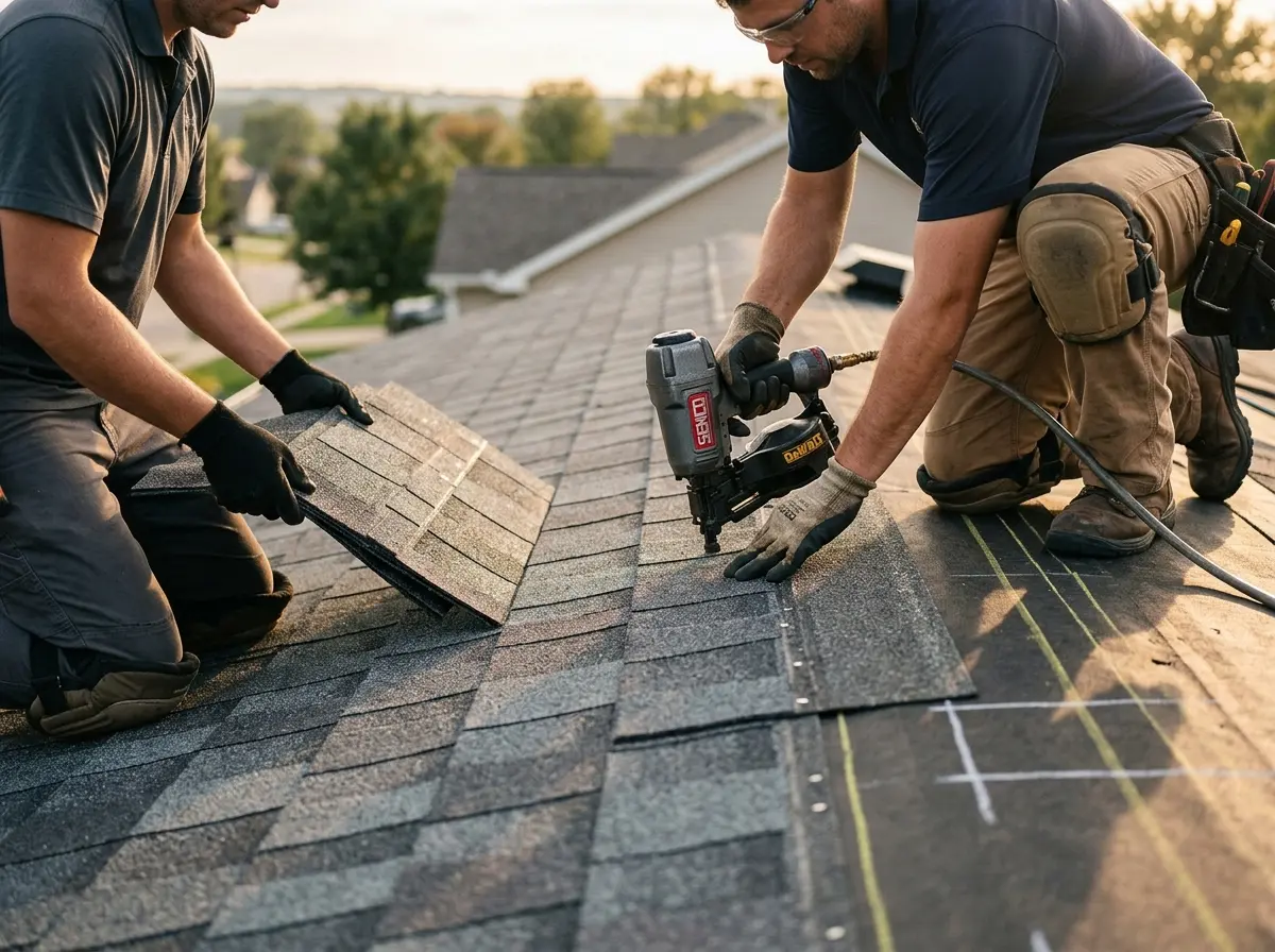 Professional roofer working on a residential roof in Felida